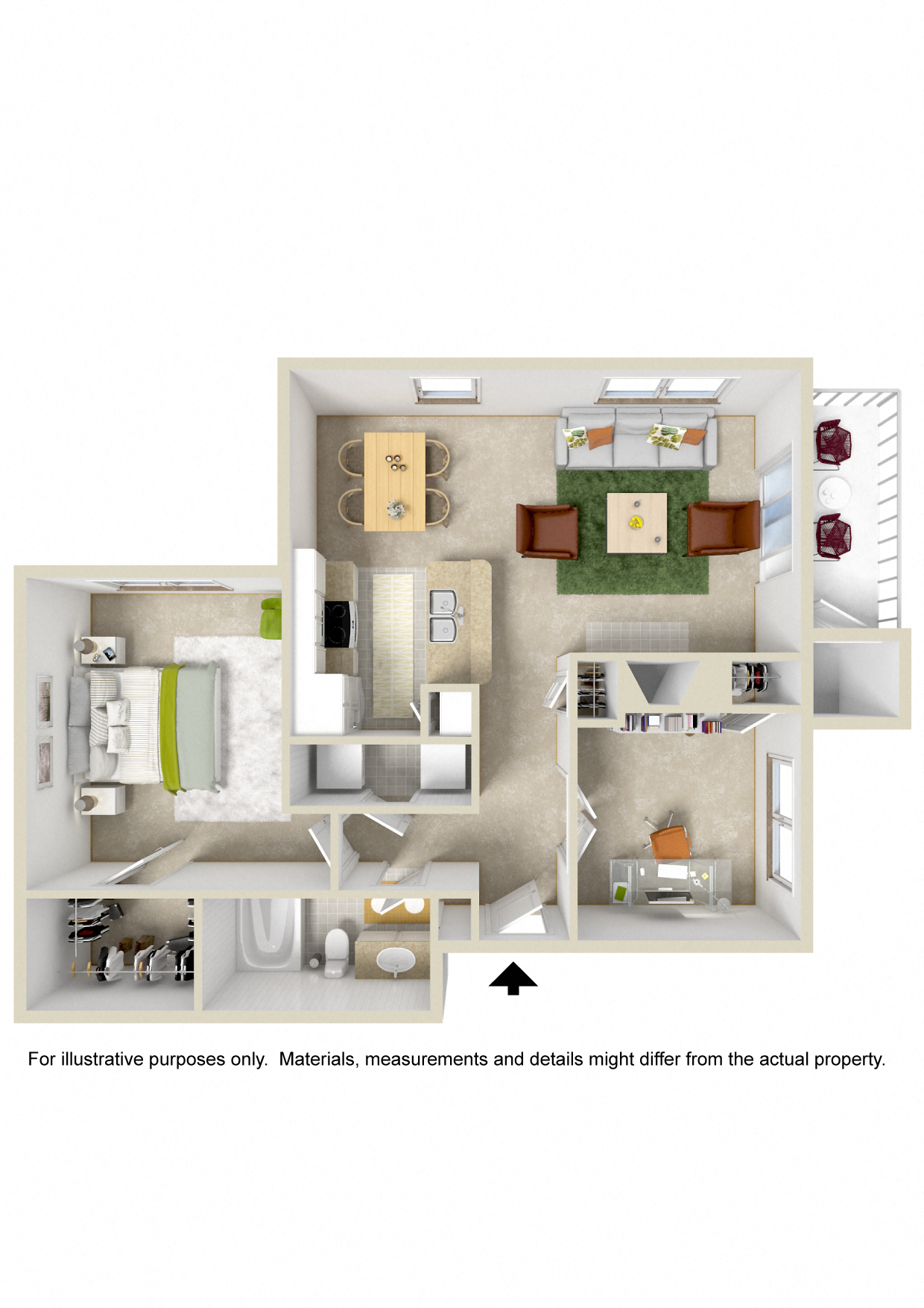 Floor plan for 1 bed, 1 bath, 912 sqft